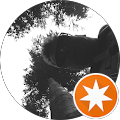 Baumkronen in Schwarzweiß mit orangefarbenem Sternsymbol